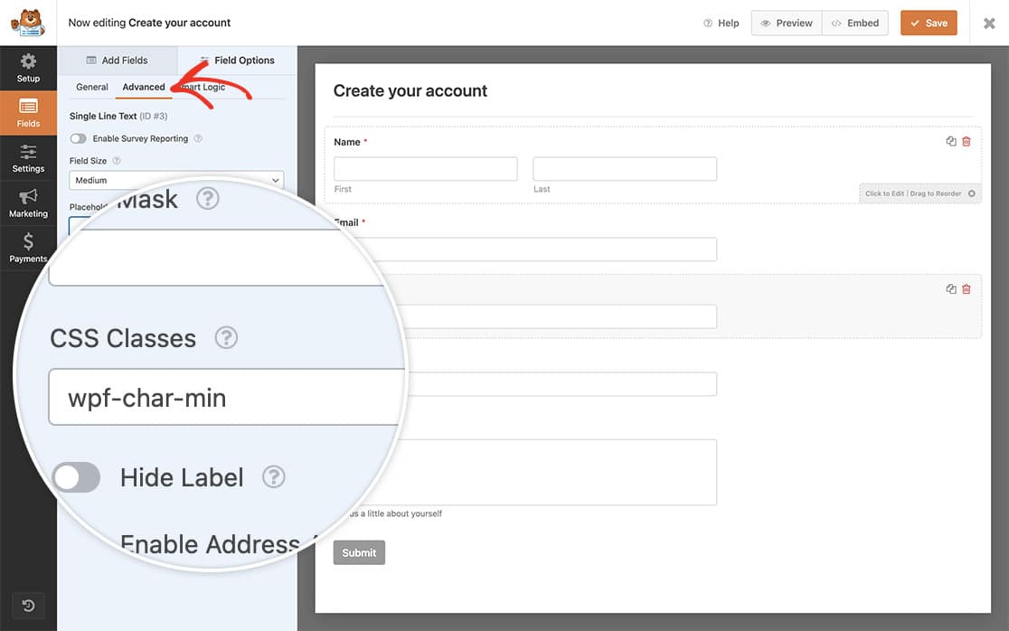 Add the Class Name to the fields you want to add a minimum character length too