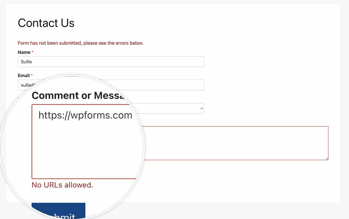 block urls inside the form with this PHP script