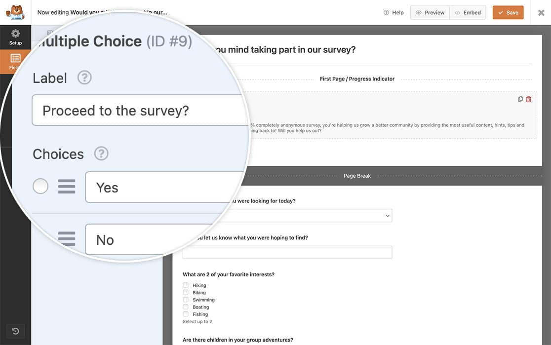 grab the form and field ID so you can set up your snippet to move to the next page automatically based on the answer to your multiple choice question