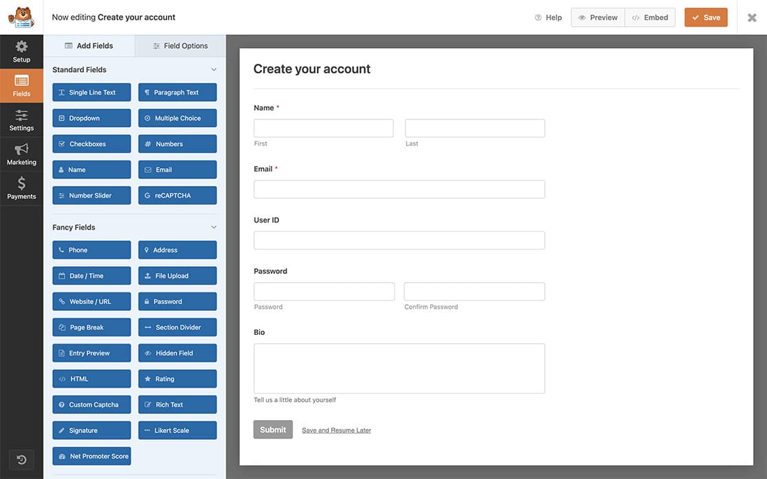 create your form and add your fields including a password field