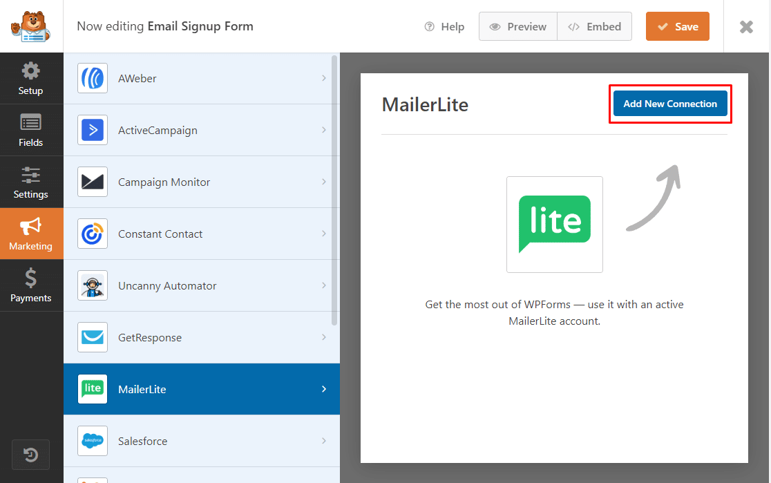 MailerLite Add New Connection