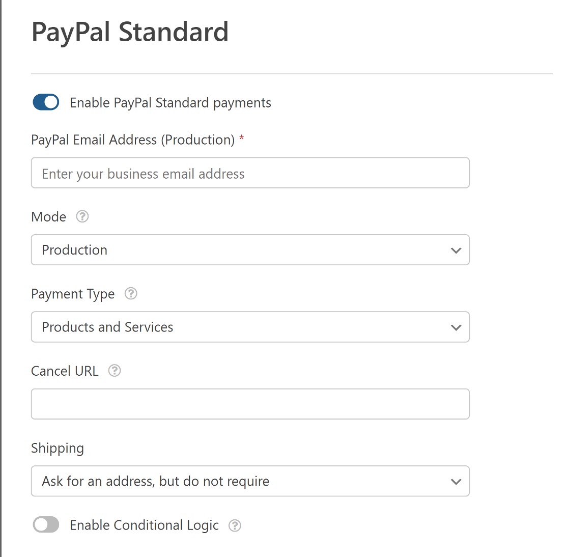 PayPal Standard settings page