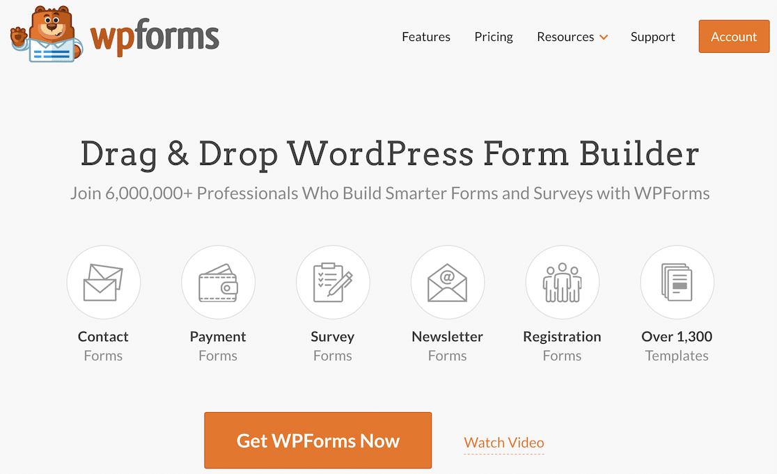 The WPForms homepage showing 1300 templates