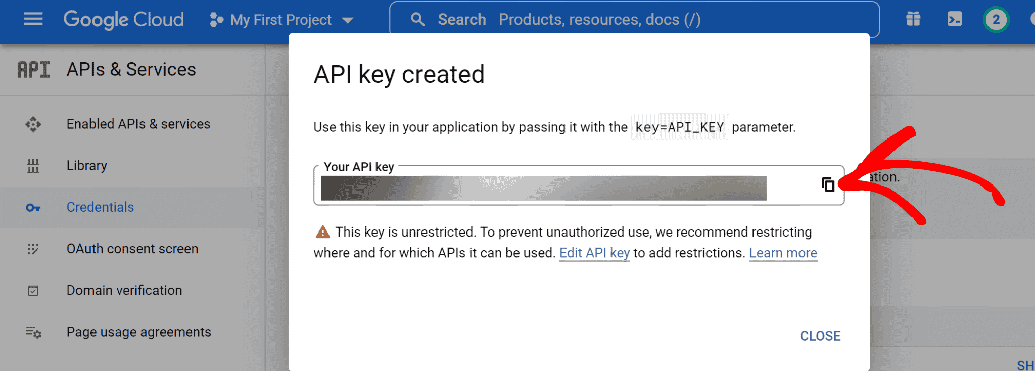 YouTube API Key Created