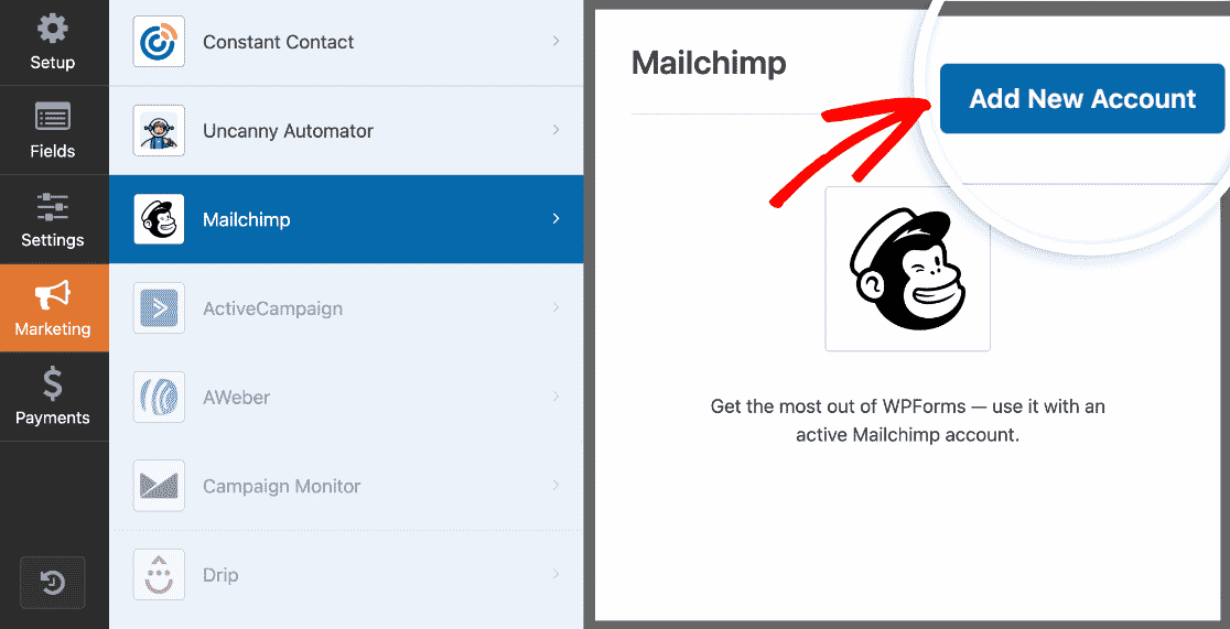 Adding a new Mailchimp account in the form builder