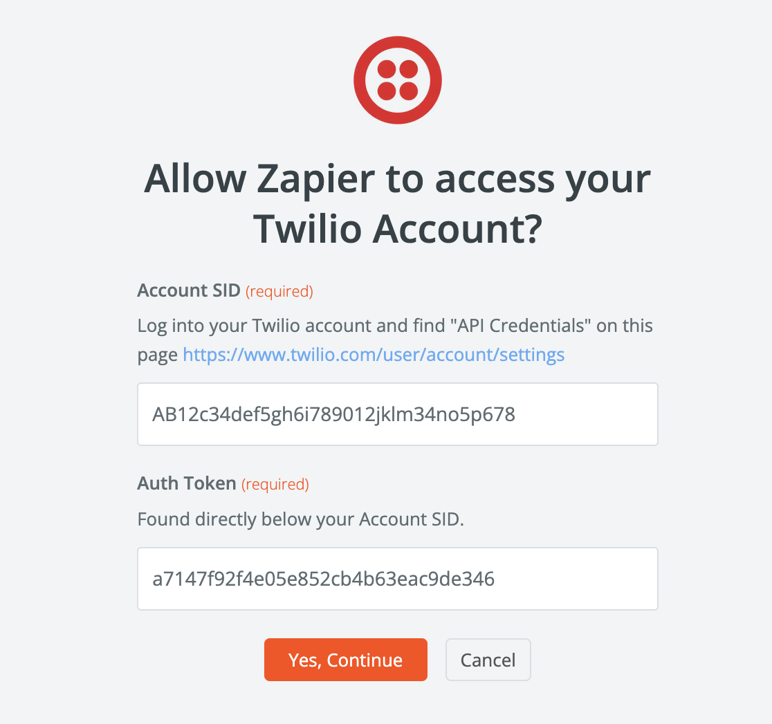 Entering your Twilio credentials in Zapier
