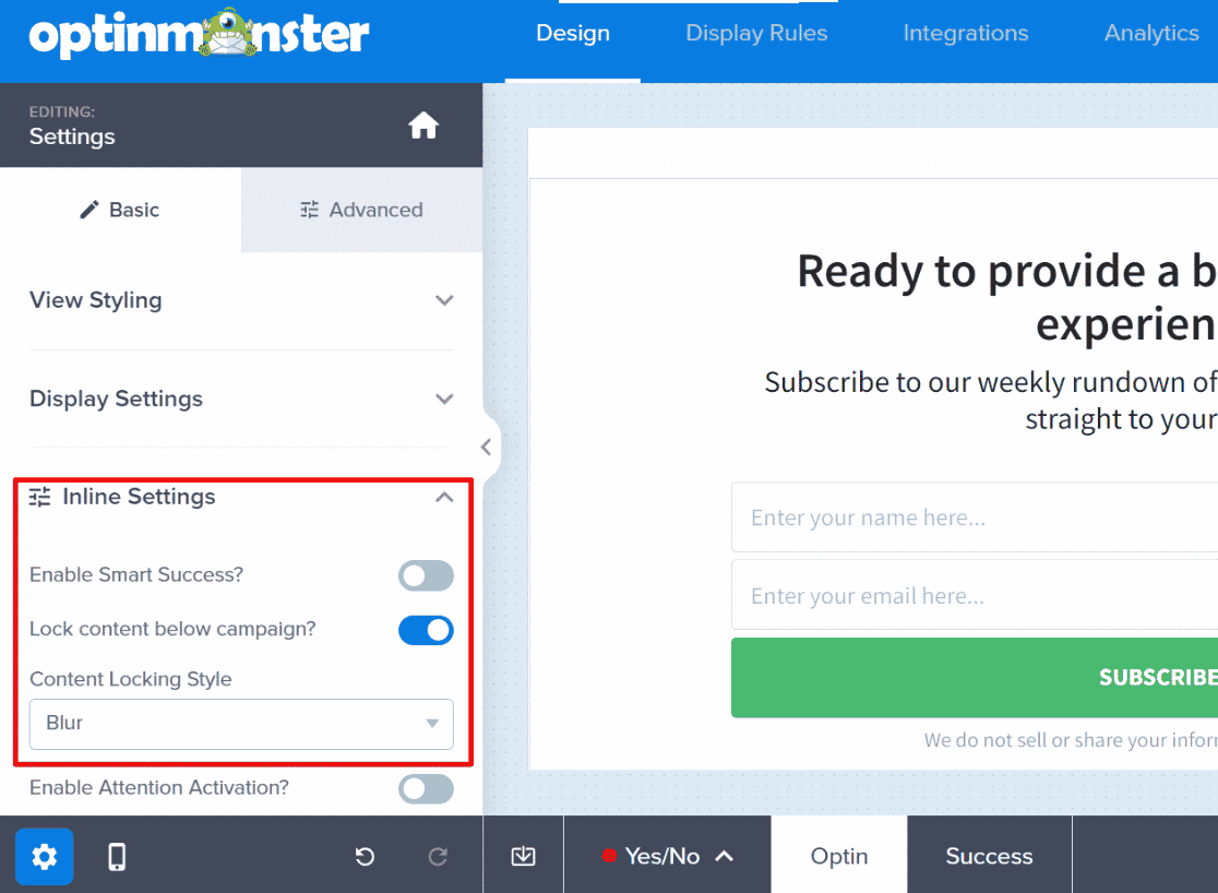 Inline campaign settings OptinMosnter