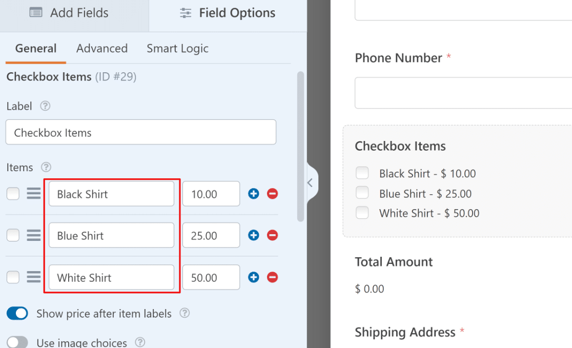 Changes checkbox item productn names