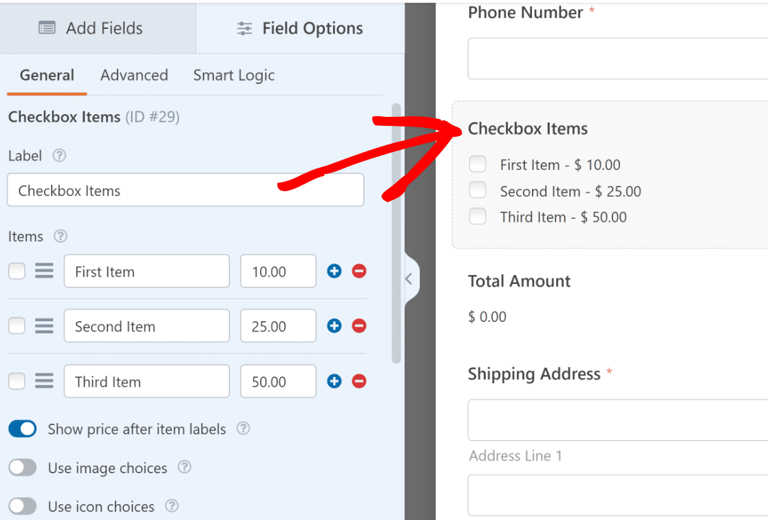 Checkbox items options