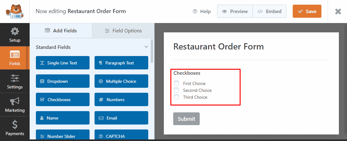click on checkbox WPForms