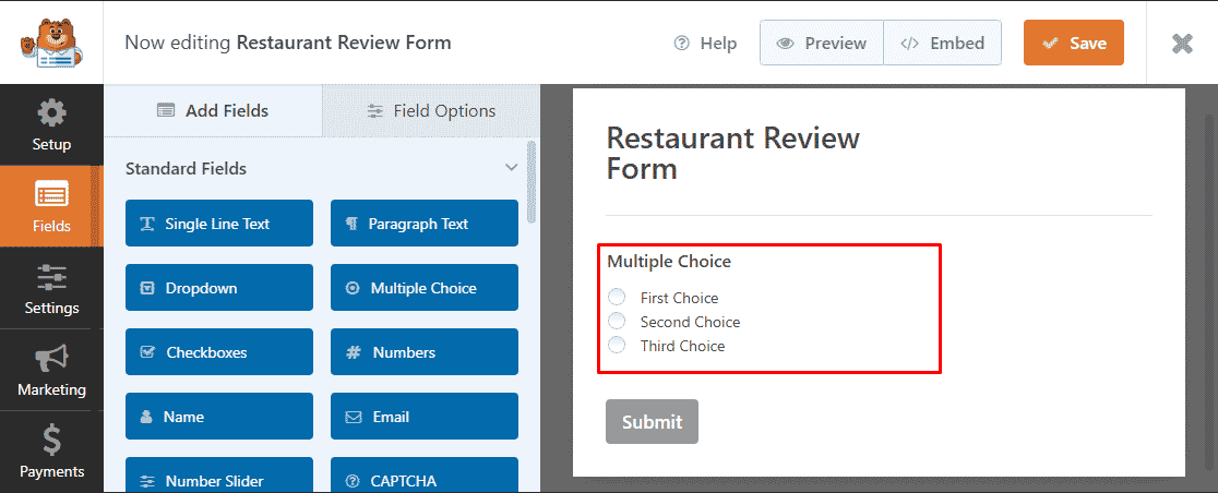 click on multiple choice WPForms