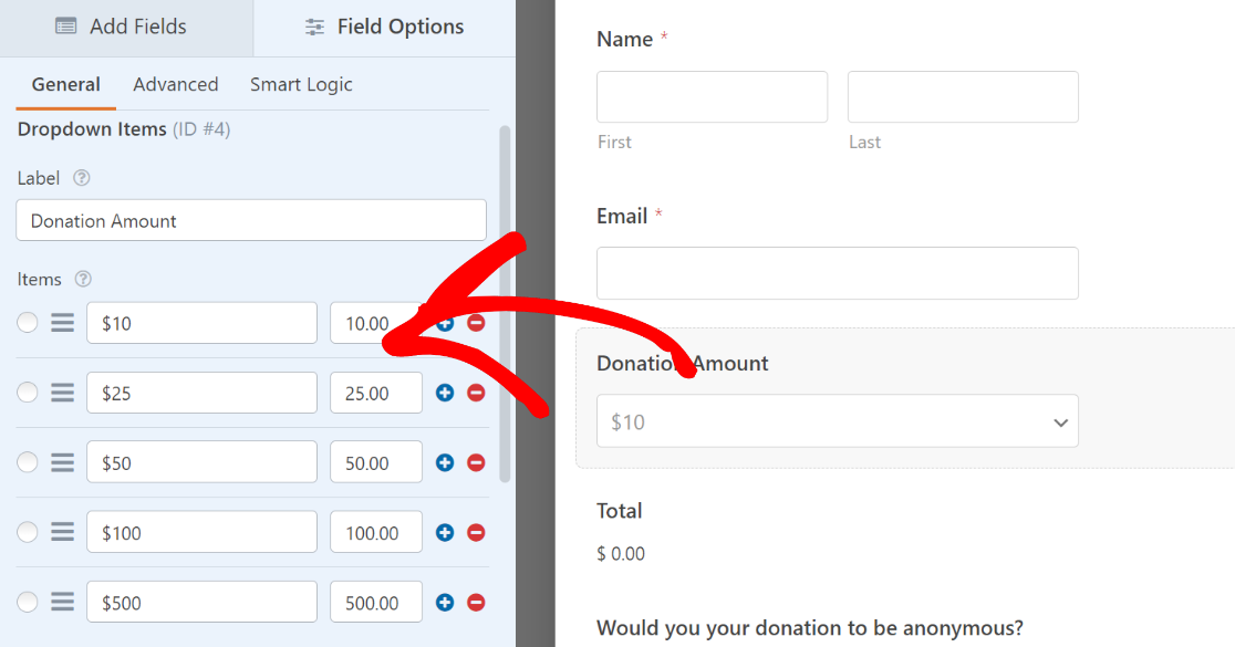 Donation amount field options