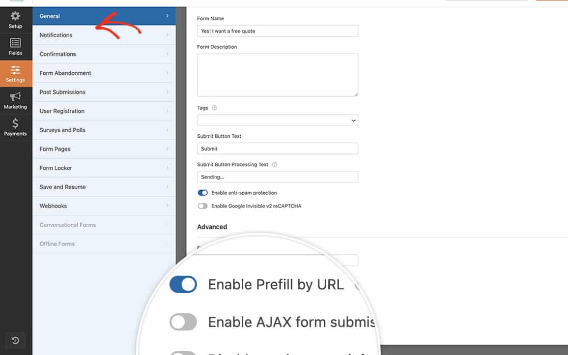 Enable Prefill By URL setting on the General tab of the settings of the form inside the Advanced options