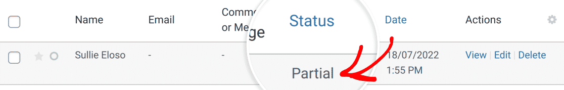 Viewing a partial entry for a saved form in progress