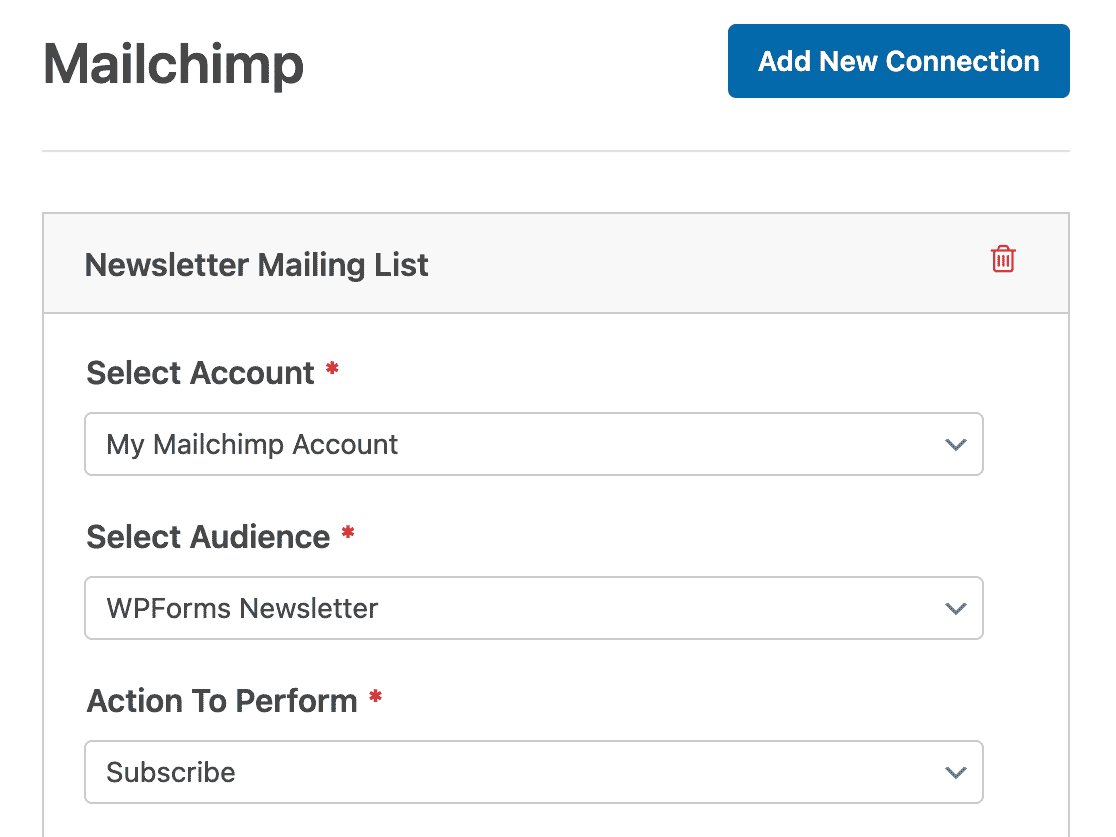 Selecting a Mailchimp audience and action to perform