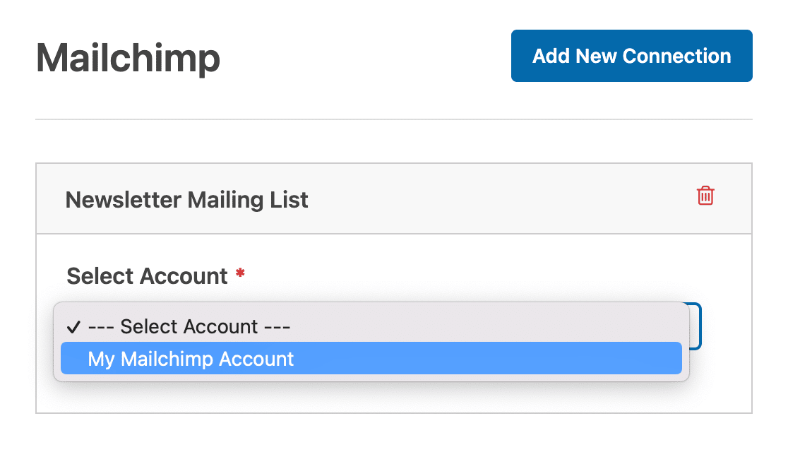 Selecting your Mailchimp account to connect it to your newsletter form