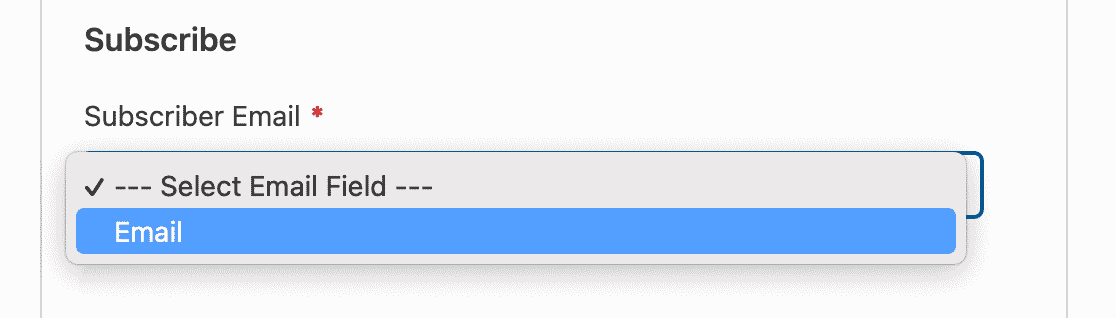 Selecting your newsletter form's Email field to send subscribers to Mailchimp