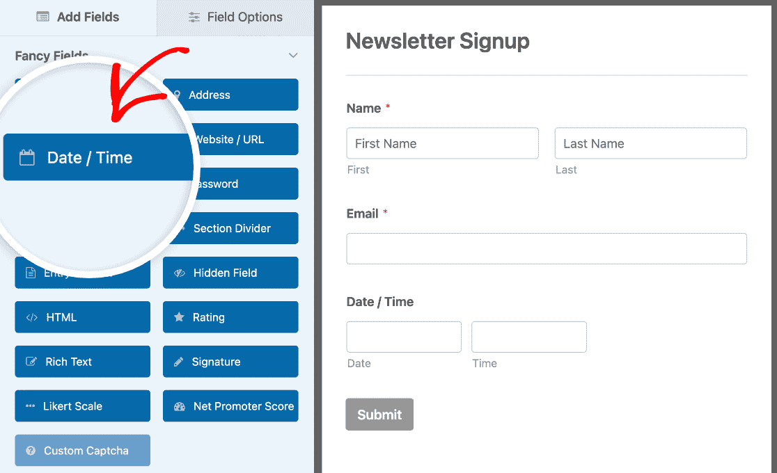 Adding an Date / Time field to a Newsletter Signup Form