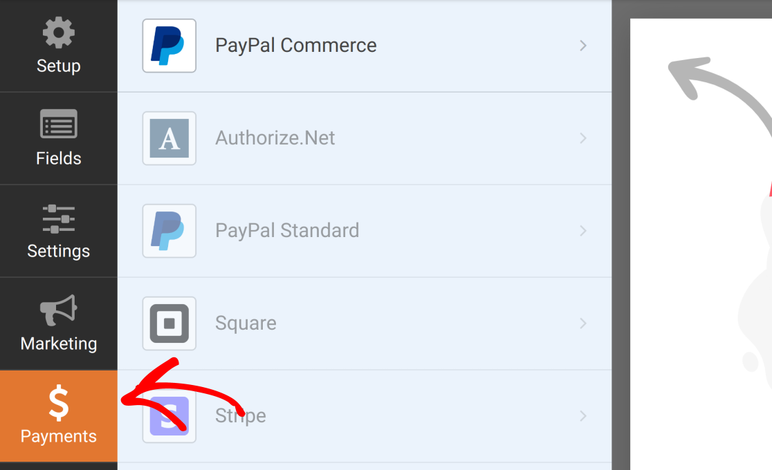 form builder payments settings