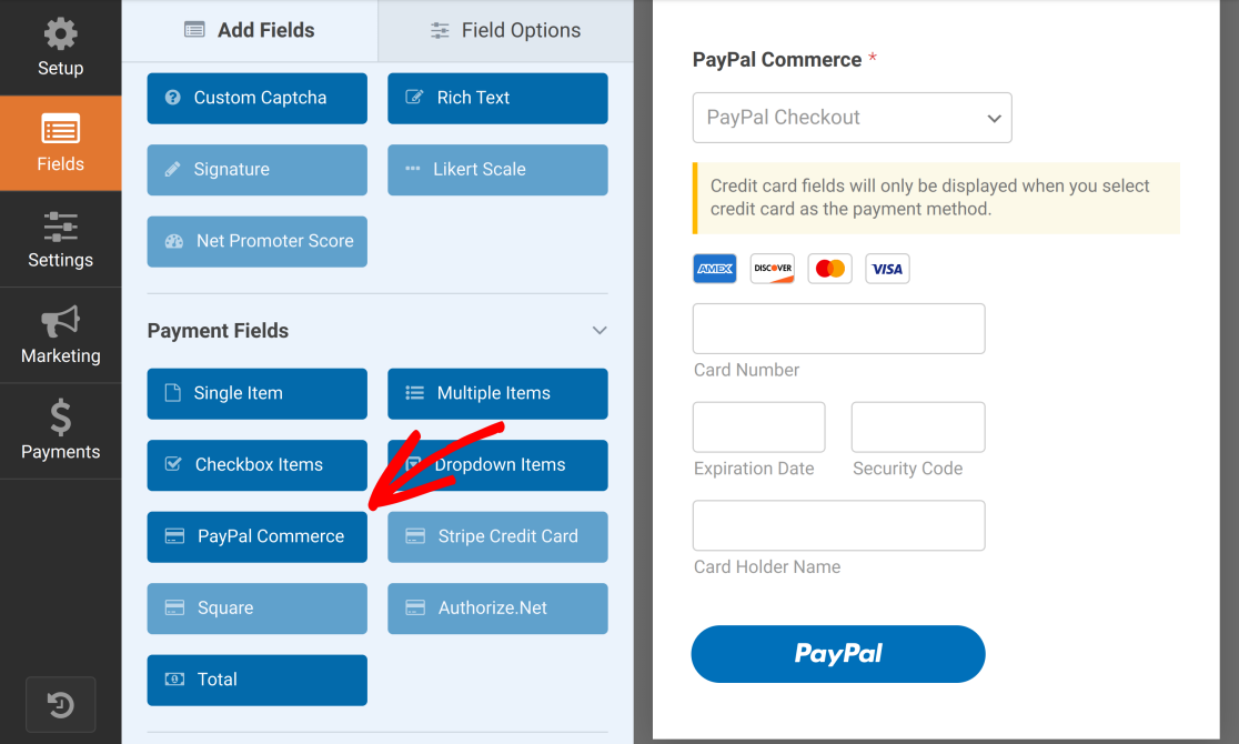 Add the PayPal Commerce field