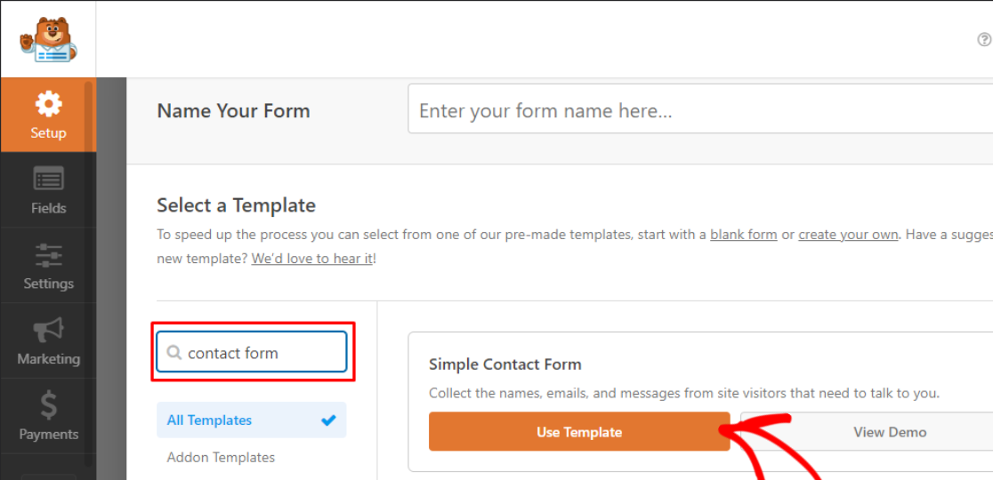 search for form WPForms Template Library