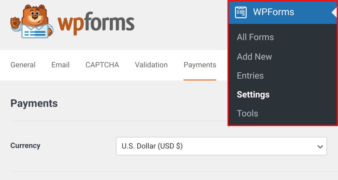 How to get to the WPForms Payments settings page