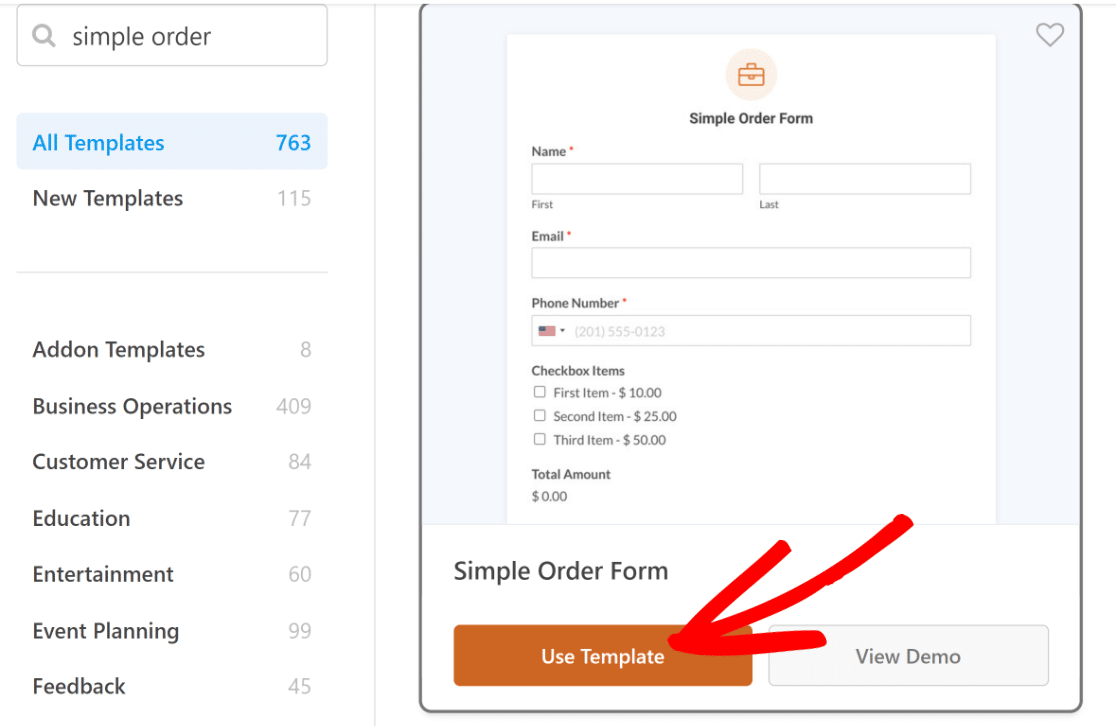 Simple order form template