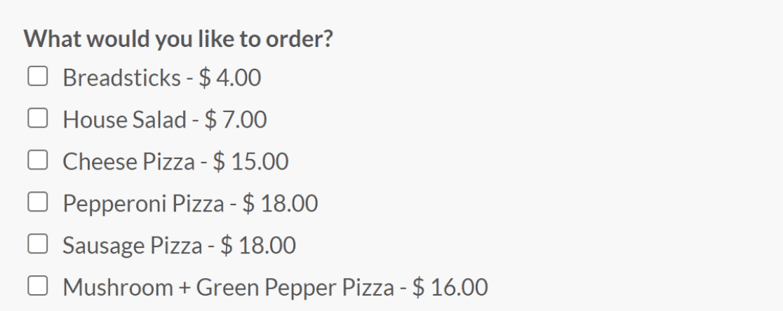 Restaurant Order Form checkboxes