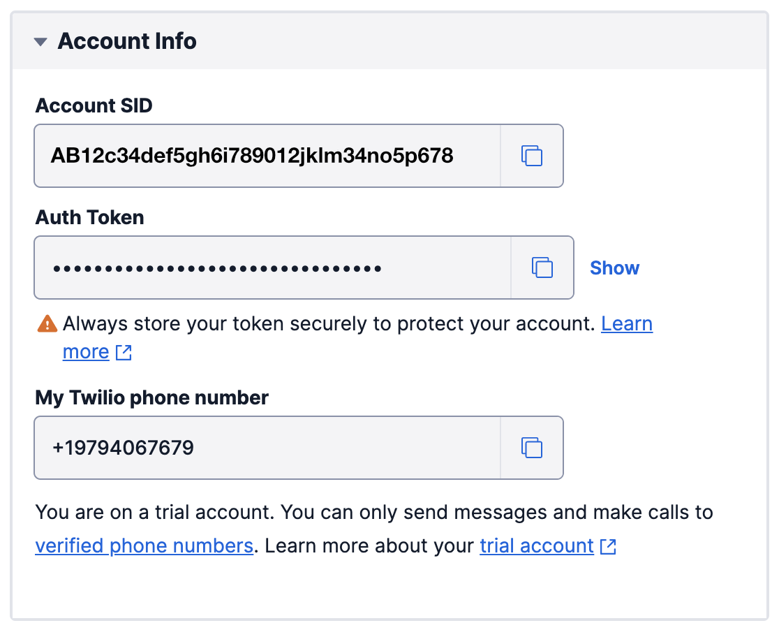 Copying your Twilio account SID and auth token