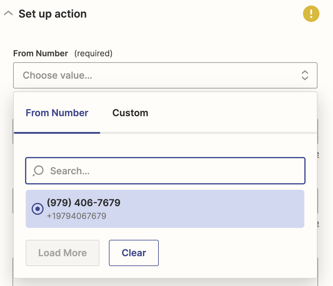 Selecting a From Number from your Twilio account in Zapier