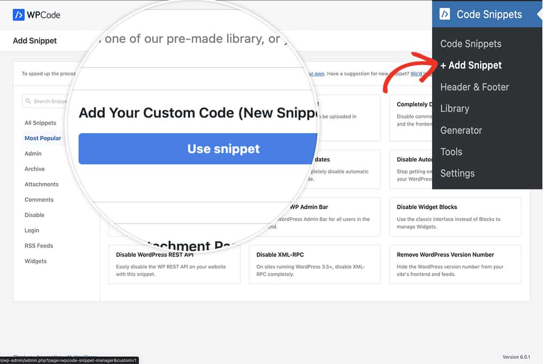 select the Add Snippet and choose Add Your Custom Code to use to create your new snippet