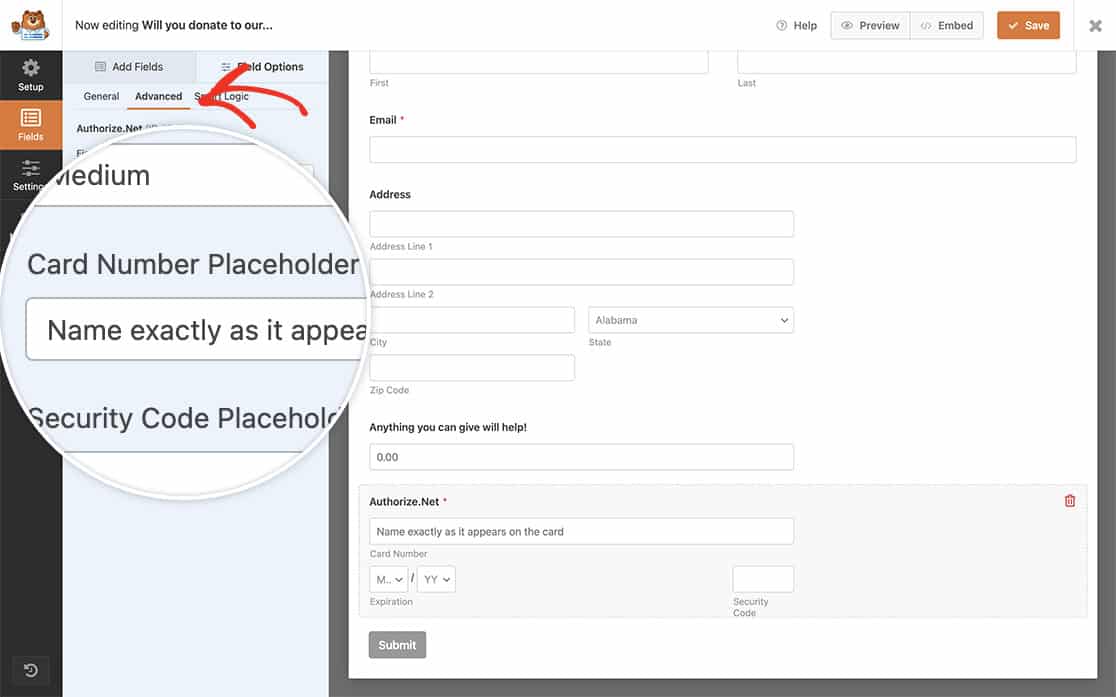 to customize authorize.net placeholder text