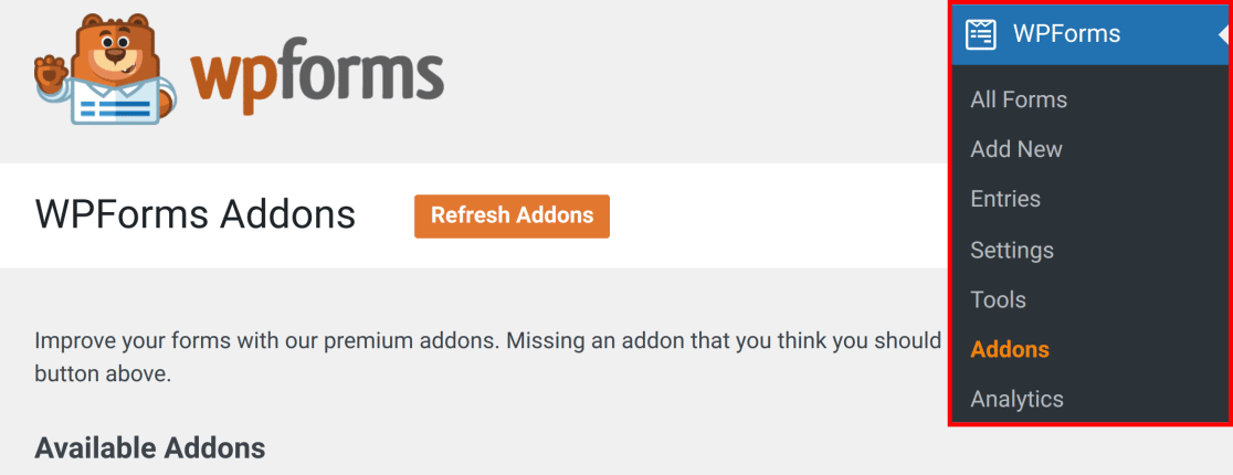 Opening the WPForms addons page