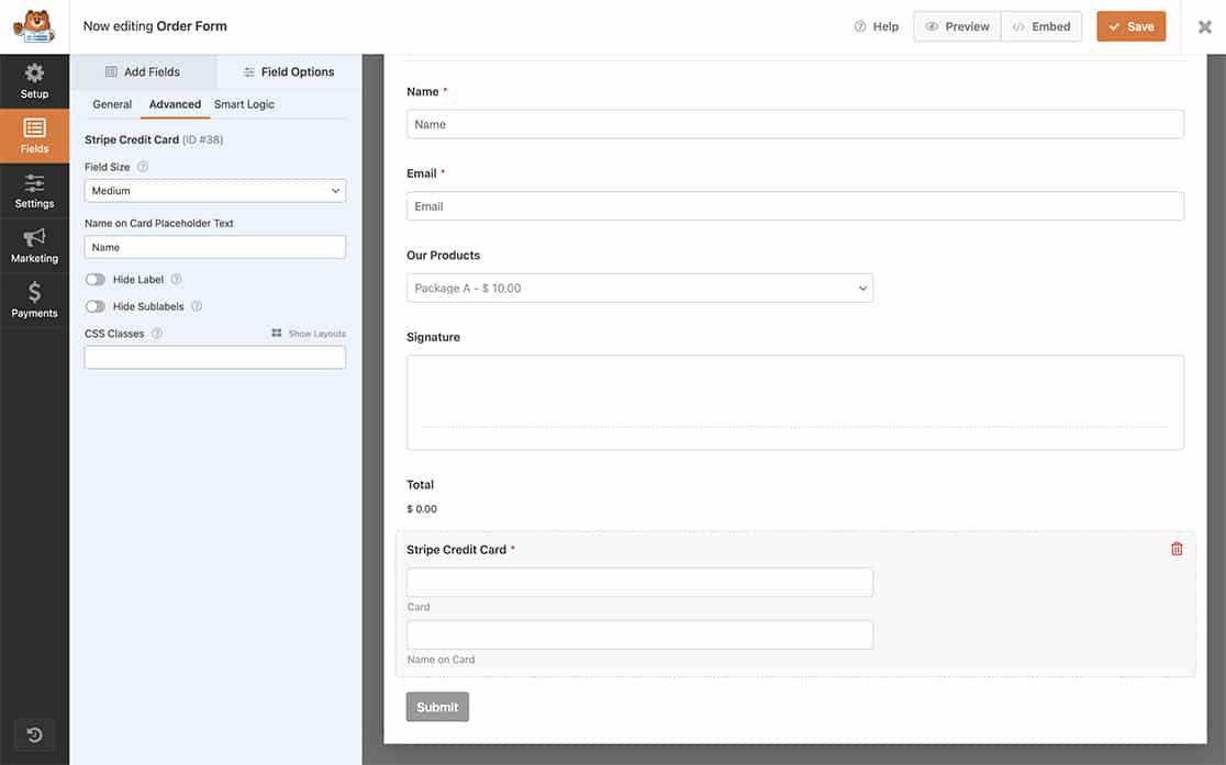 create your form and add a stripe credit card field to your form
