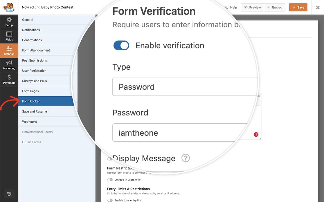 begin by creating your form locker form and enabling the password verification before adding the non-case sensitive snippet for the password