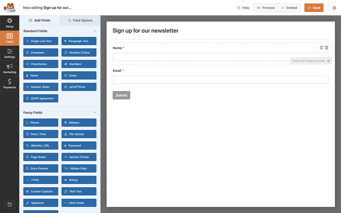 first start by creating your form and adding your fields