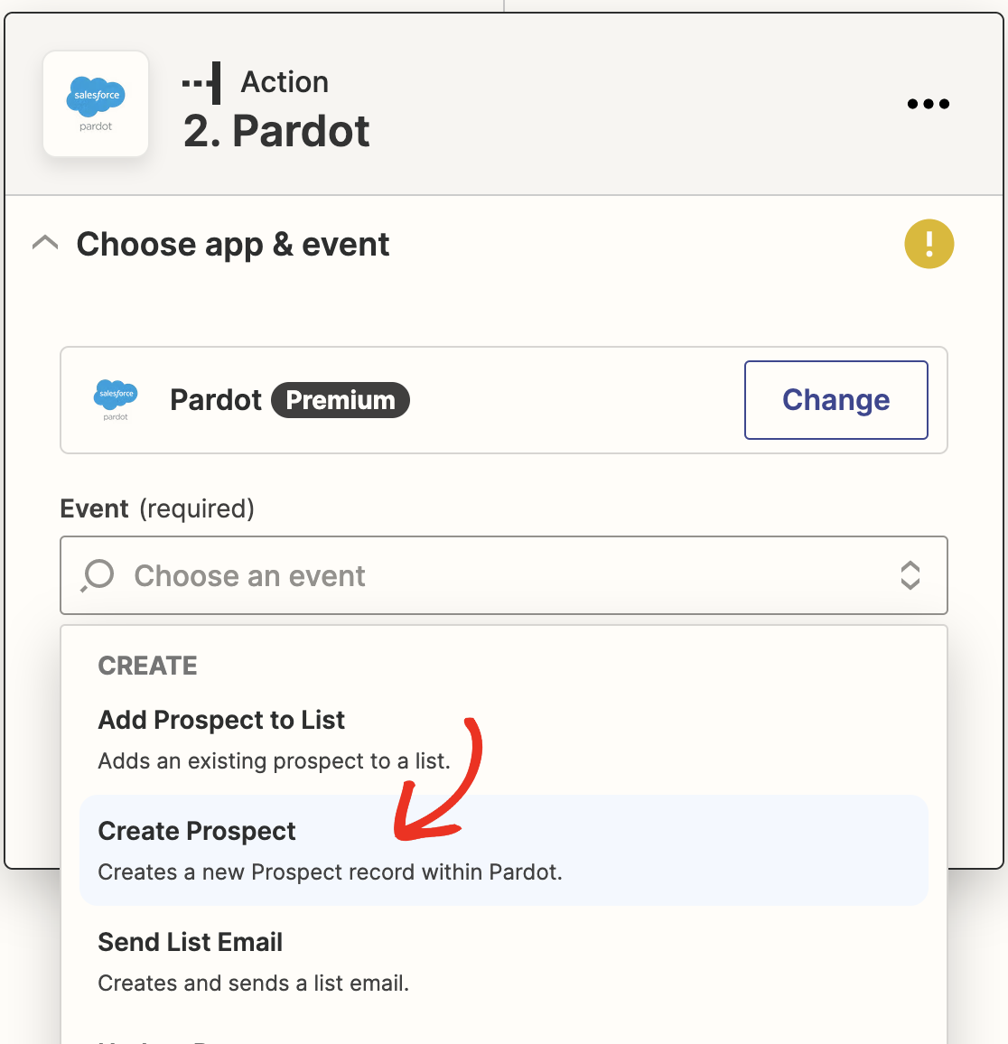 Choosing Create Prospect as the action app event in Zapier