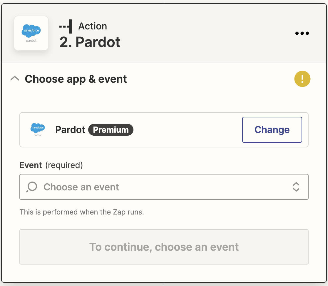 Choosing Pardot as the action app in Zapier