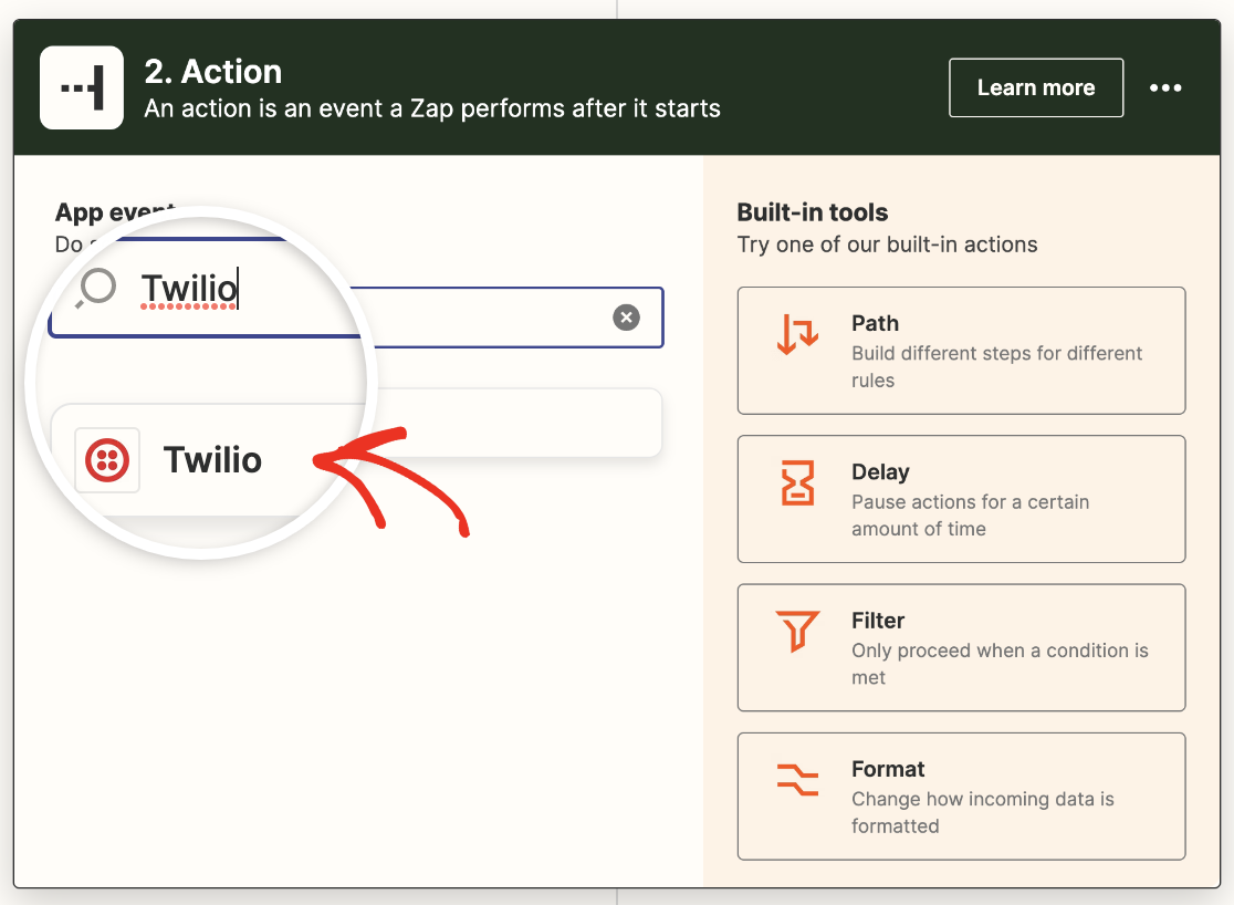 Selecting Twilio as the Action app in Zapier