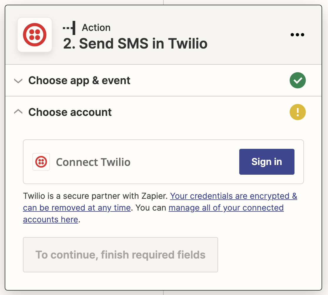 Signing into Twilio via Zapier