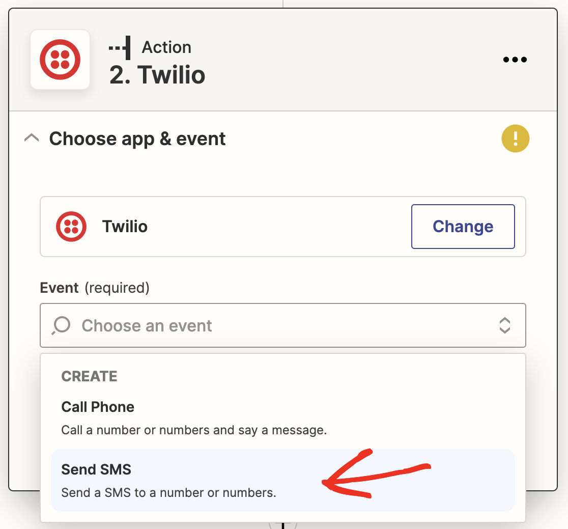 Choosing Send SMS as the action event in Zapier