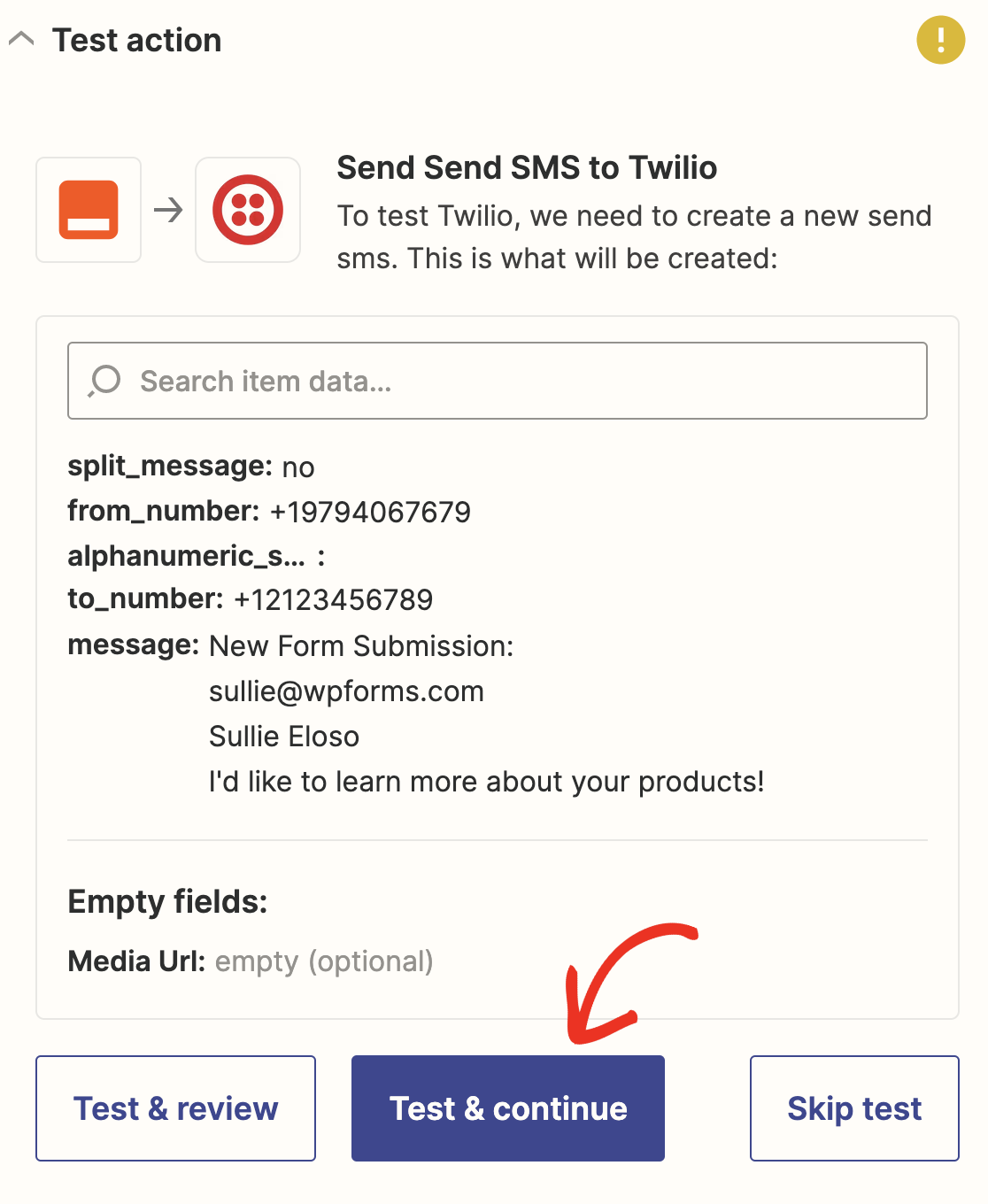 Testing your Twilio connection in Zapier