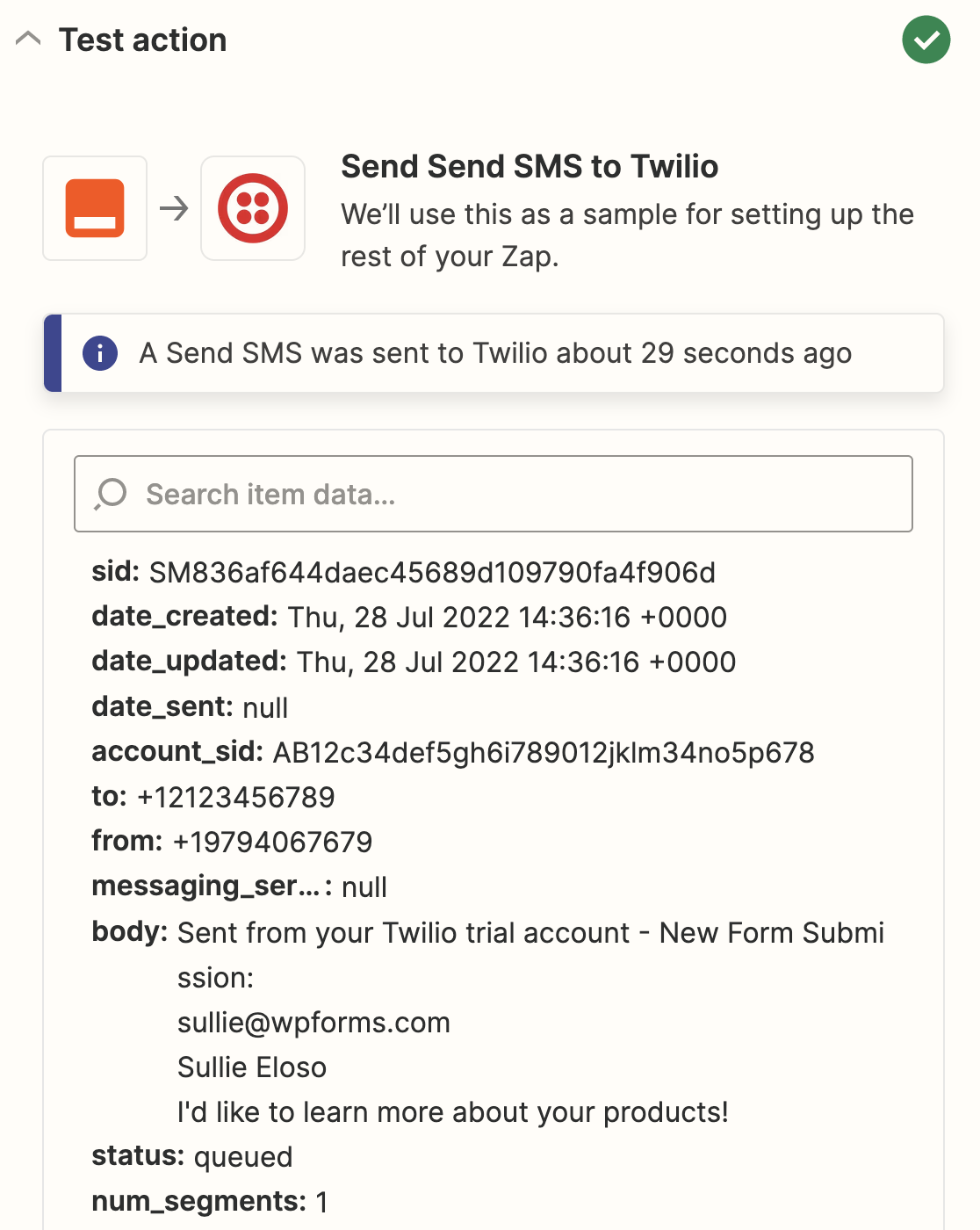 Twilio connection test success message in Zapier