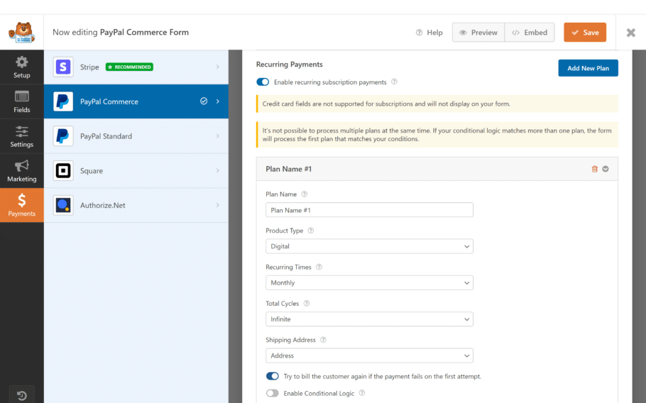 PayPal Commerce recurring payments settings