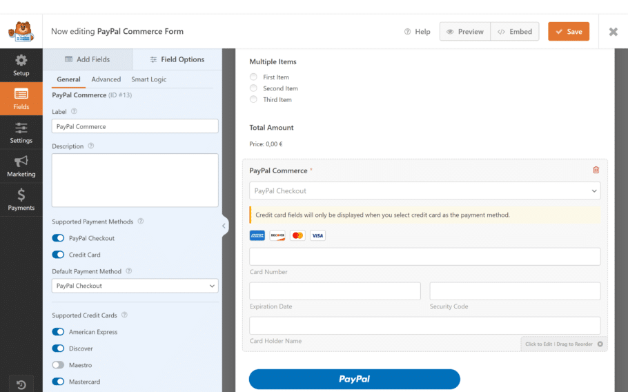 Paypal commerce order form