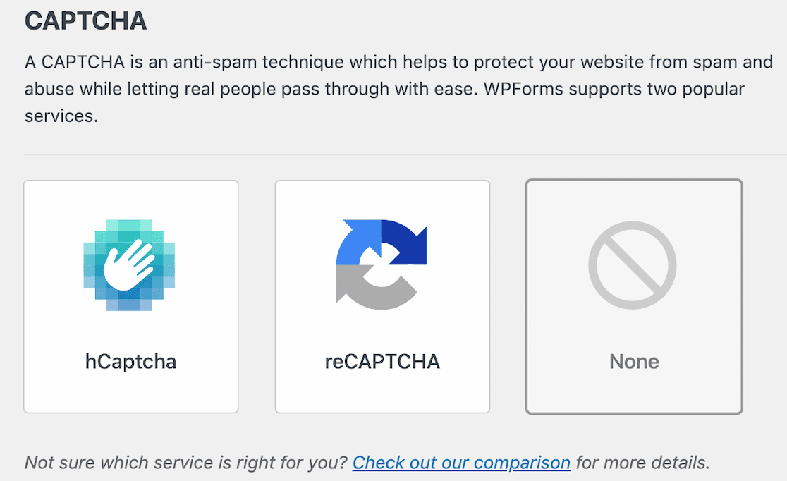 hCaptcha vs. reCAPTCHA WPForms options