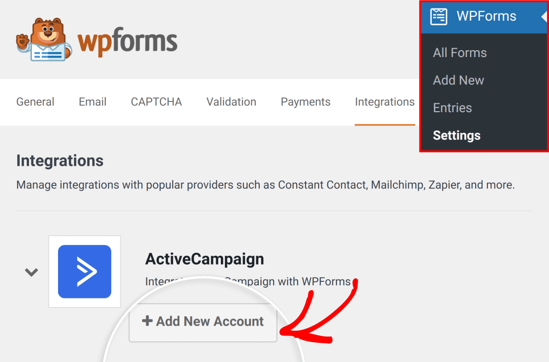 Adding a new ActiveCampaign account in your WPForms settings