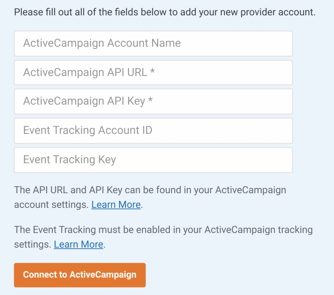 The ActiveCampaign settings in WPForms