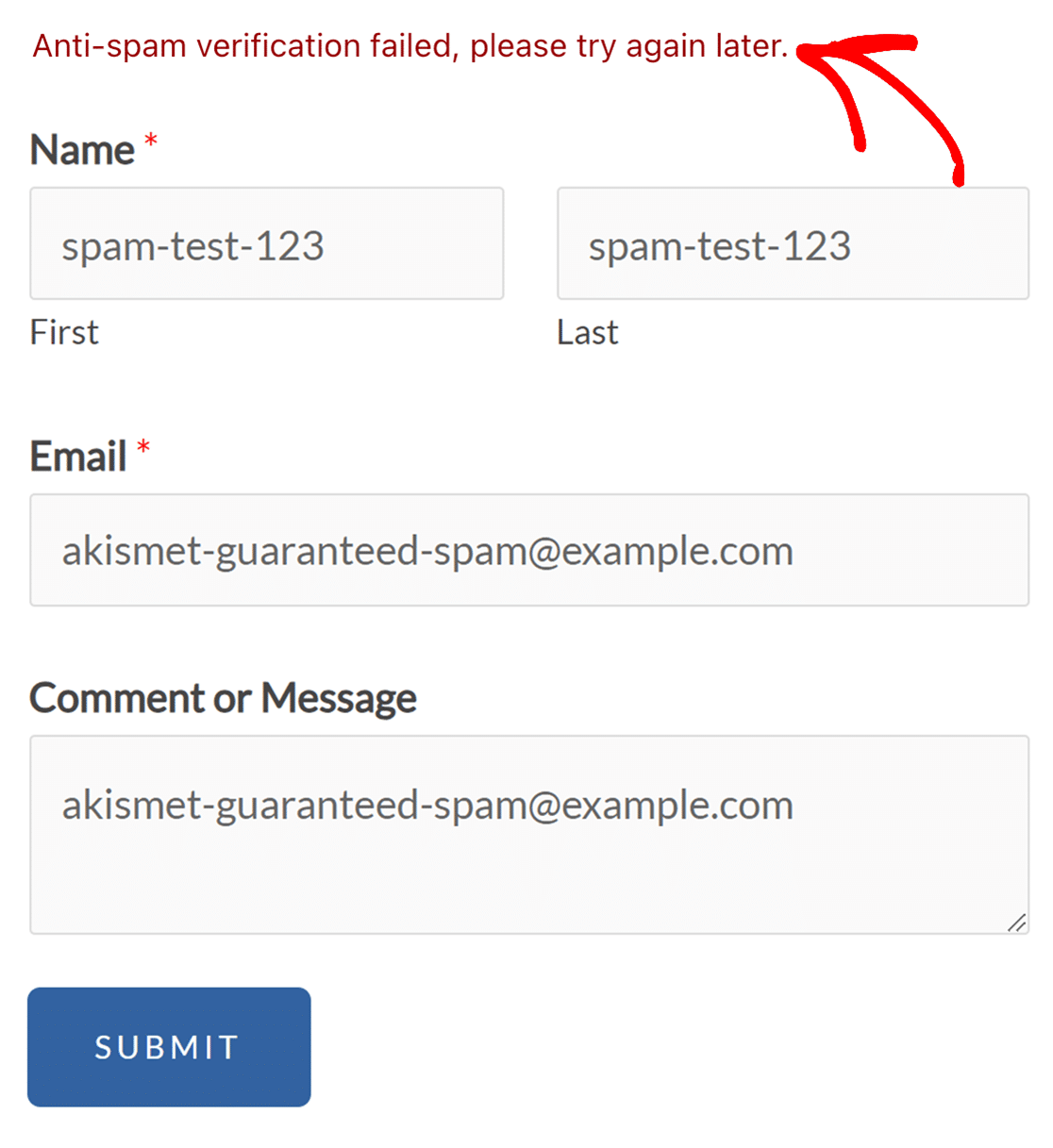 Anti spam failure notice