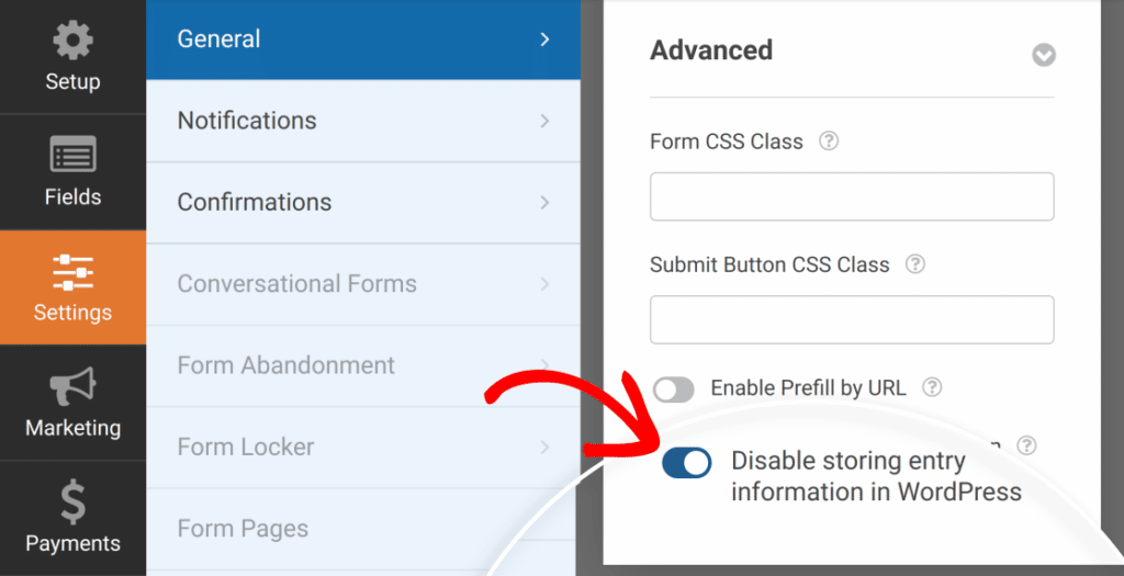 Disable Story Entry Information in WordPress - WPForms Desactivar el almacenamiento de información de entrada en WordPress